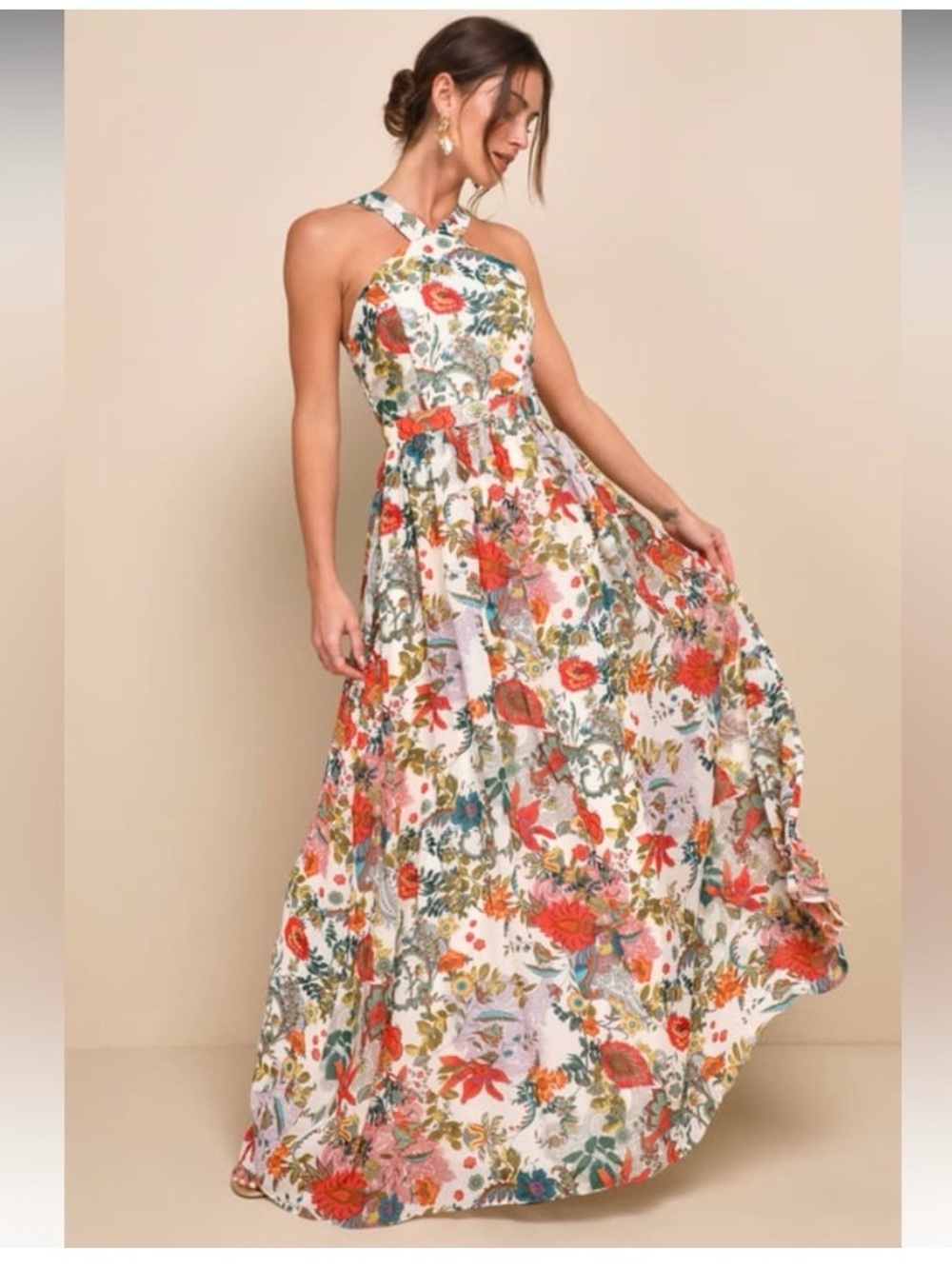 ✨NWT Lulus Lilja Ivory Halter Floral Maxi Dress
